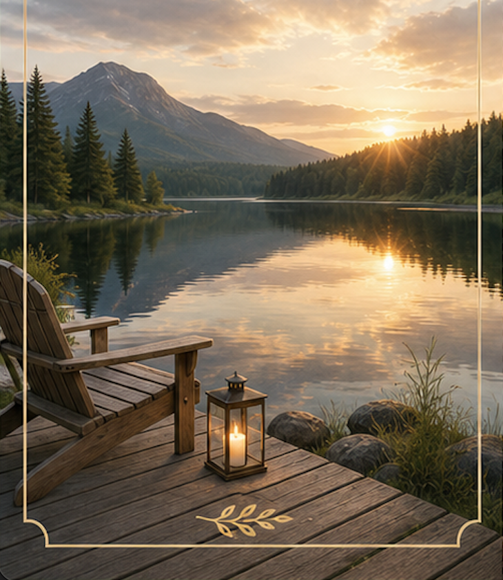 Empty wooden Adirondack chair and glowing lantern on a wooden dock overlooking a peaceful mountain lake at sunset