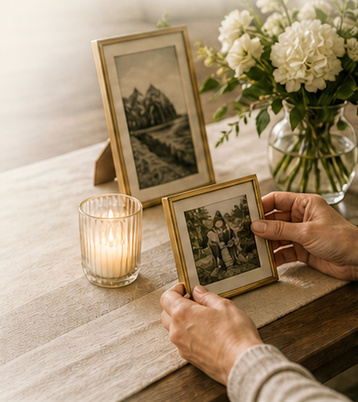 Hands holding a cherished framed photograph beside a lit candle and fresh white flowers in loving remembrance