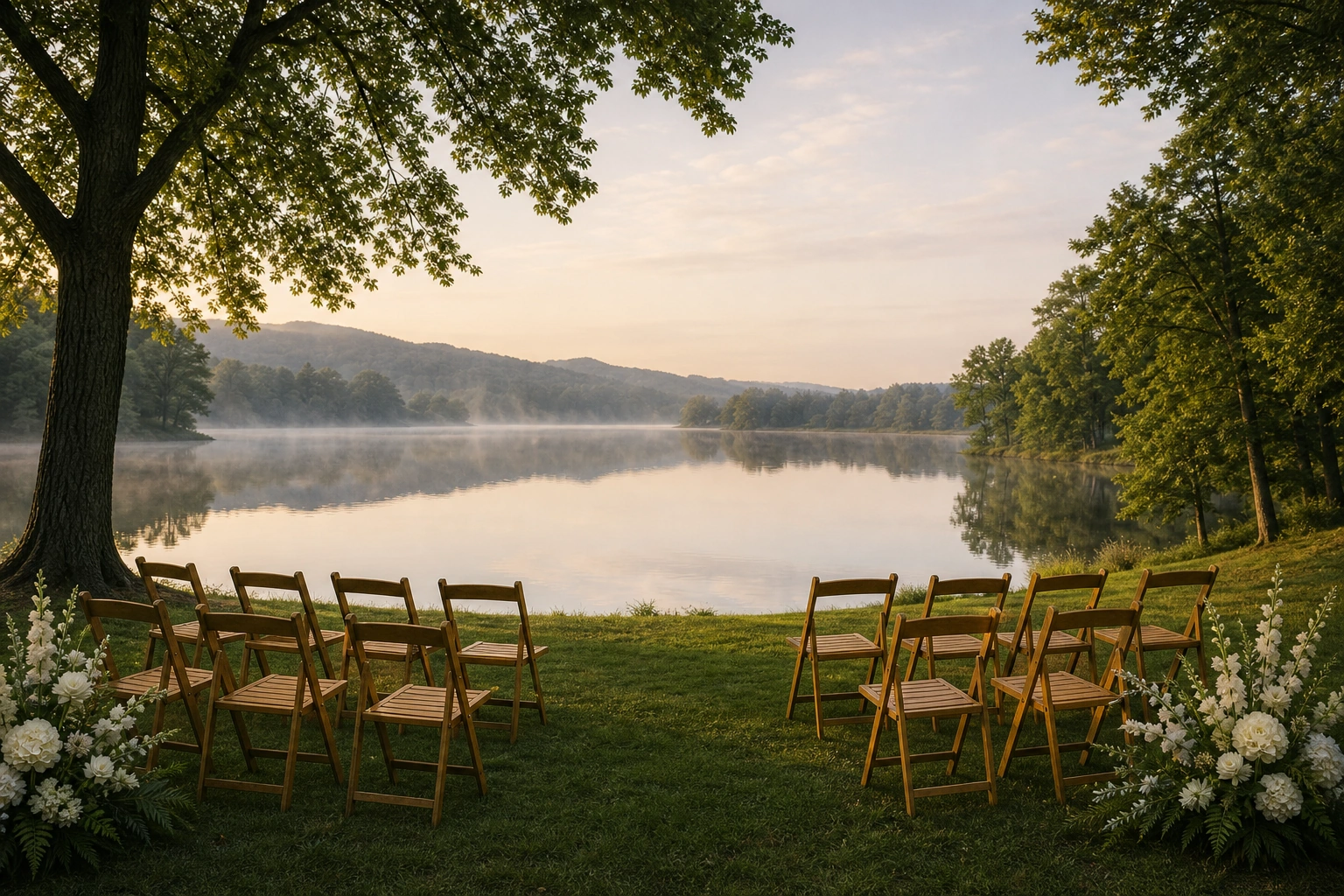 Lakeside memorial ceremony setup with light wooden folding chairs and floral arrangements on the lawn facing a calm misty lake